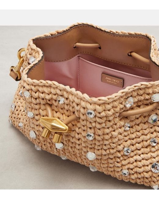 Jimmy Choo Brown Cinch Small Embellished Raffia Tote Bag