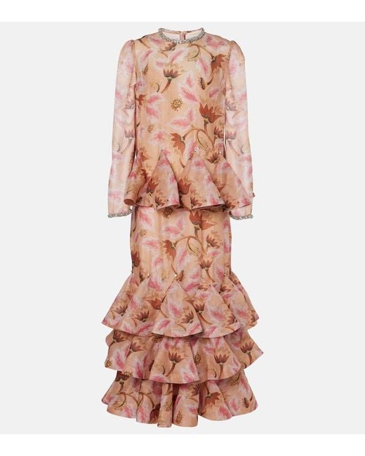 zimmermann rosa silk tiered dress Zimmermann Tiered Linen And Silk Maxi Dress in Pink