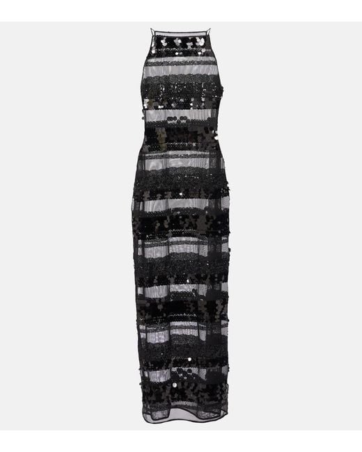 Oseree Black Sequined Striped Maxi Dress