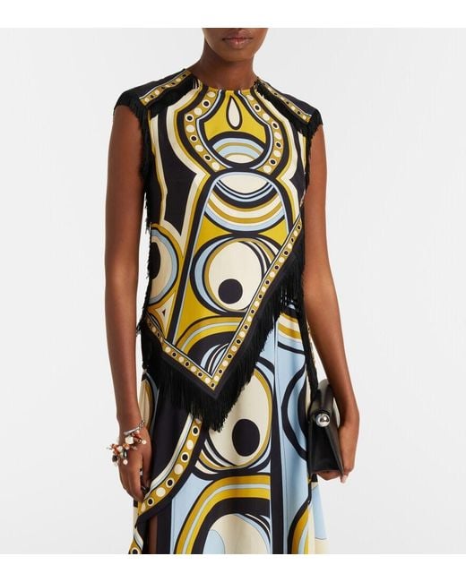 LaDoubleJ Black Scarf Fringed Printed Silk Voile Top