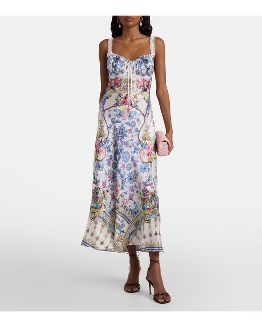 Camilla Blue Embellished Printed Silk Satin Midi Dress