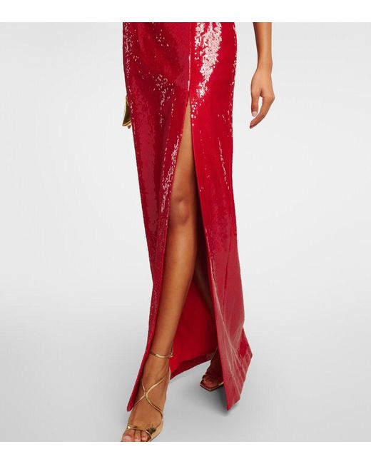 Rebecca Vallance Red Nika Sequined Feather-Trimmed Gown