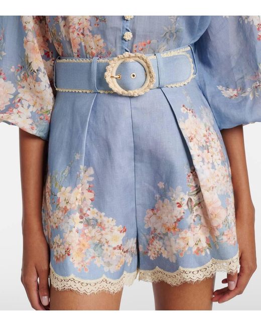 Zimmermann Blue Floral-Print Belted Shorts