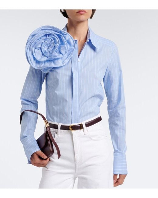Dorothee Schumacher Blue Striped Power Floral-Applique Cotton-Blend Shirt