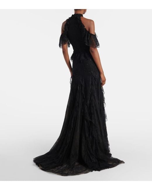 Costarellos Black Halterneck Lace Gown
