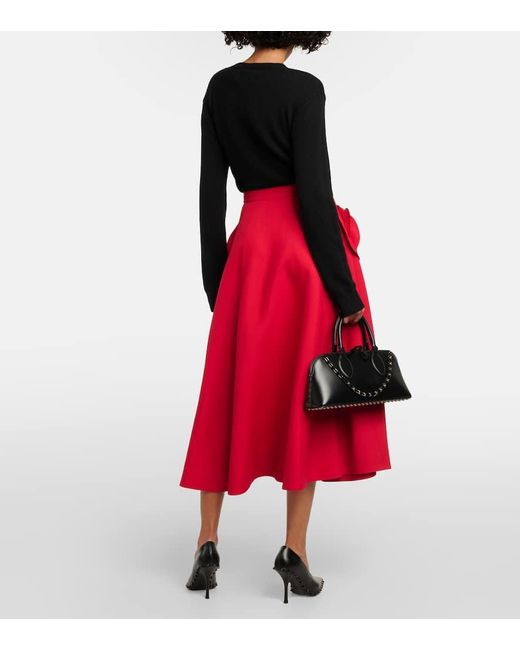 Valentino Red Floral-applique Wool And Silk Midi Skirt