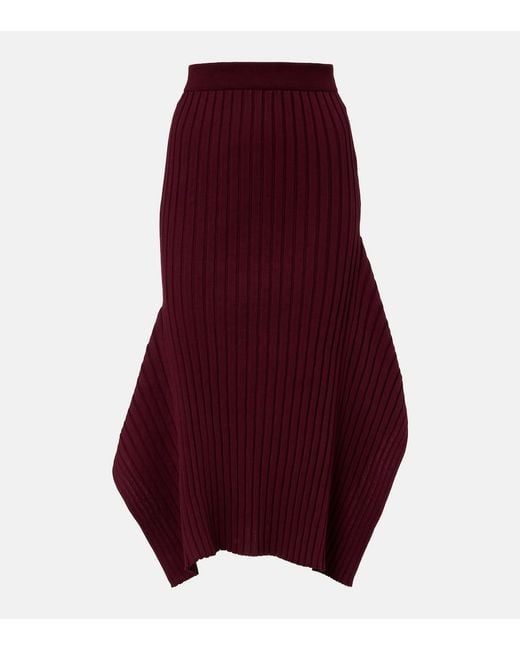 Stella McCartney Red Asymmetric Ribbed-Knit Midi Skirt