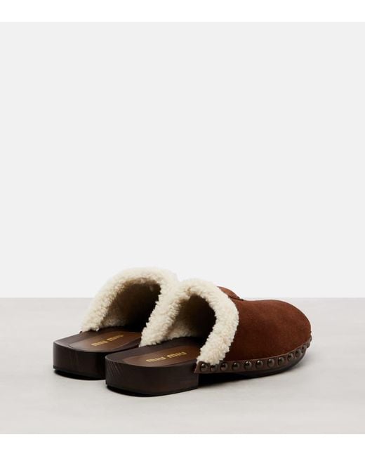 Miu Miu Brown Shearling-Lined Suede Clogs