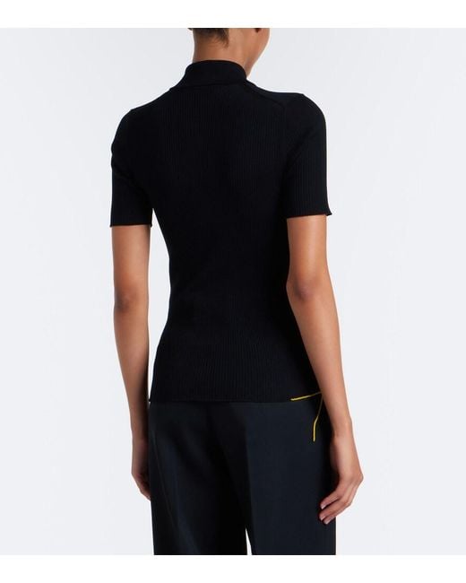 Fendi Black Ribbed-Knit Wool-Blend Polo Shirt