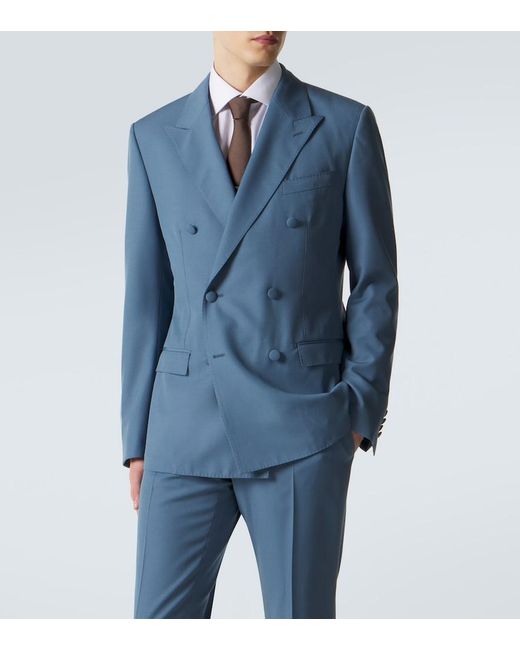 Dolce & Gabbana Blue Double-Breasted Wool Poplin Suit Jacket for men