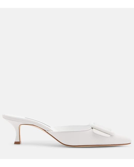 Manolo Blahnik White Maysale 50 Leather Mules