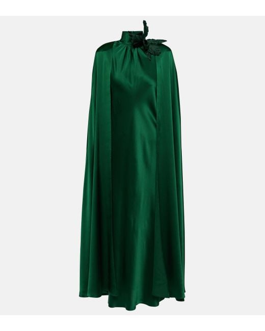 Rodarte Green Caped Embroidered Silk Satin Maxi Dress