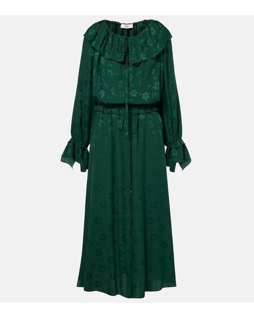 Chloé Green Ruffled Floral Silk Jacquard Midi Dress
