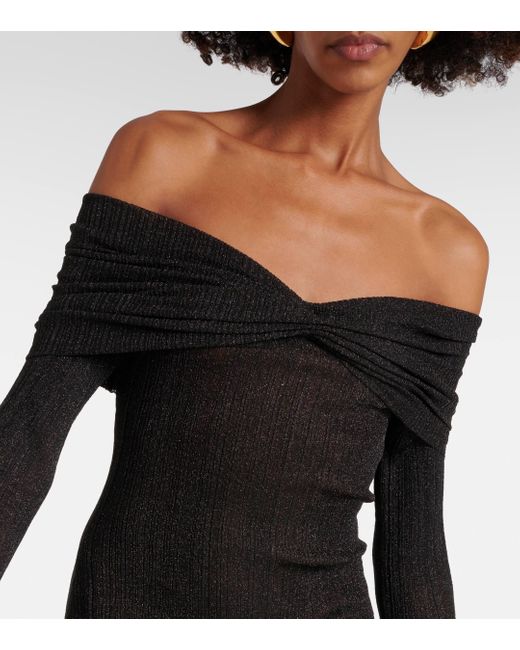AYA MUSE Black Off-shoulder Ribbed-knit Lame Minidress