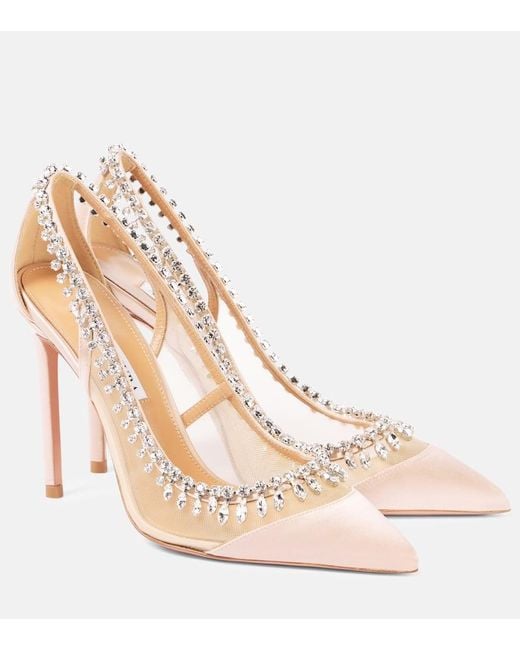 Aquazzura Natural Crystal Crush 105 Satin And Mesh Pumps