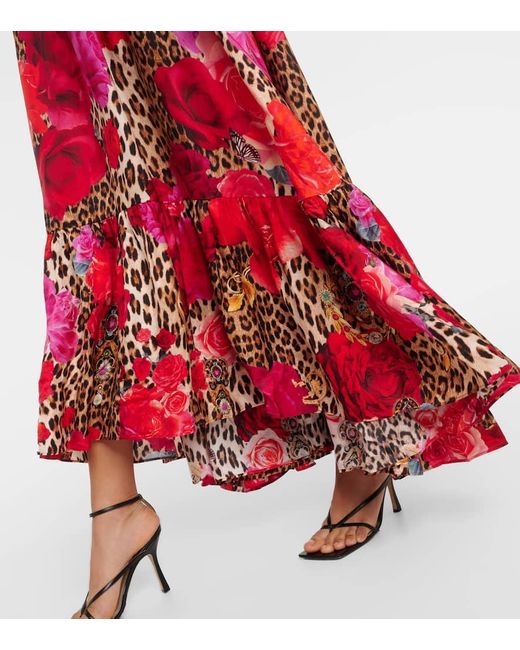 Vestido midi de mezcla de seda estampado Camilla de color Red