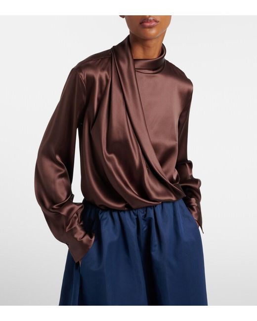 Brunello Cucinelli Brown Draped Silk-Blend Satin Blouse