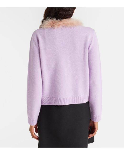 Valentino Purple Feather-Trimmed Virgin Wool Cardigan