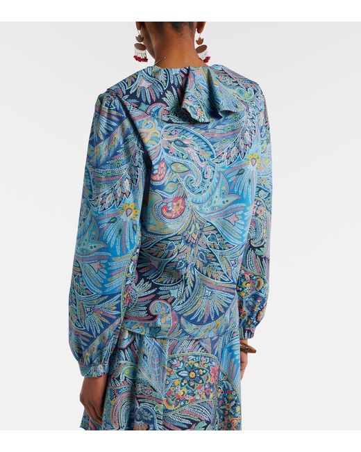 Etro Blue Paisley Ruffled Cotton-Blend Blouse
