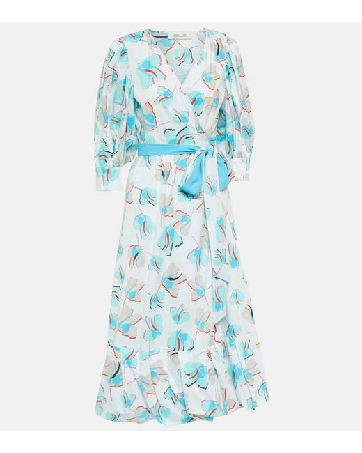 Diane von Furstenberg Blue Roxanna Printed Cotton-blend Poplin Midi Wrap Dress