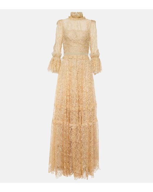 Costarellos Natural Ruched Lace Gown