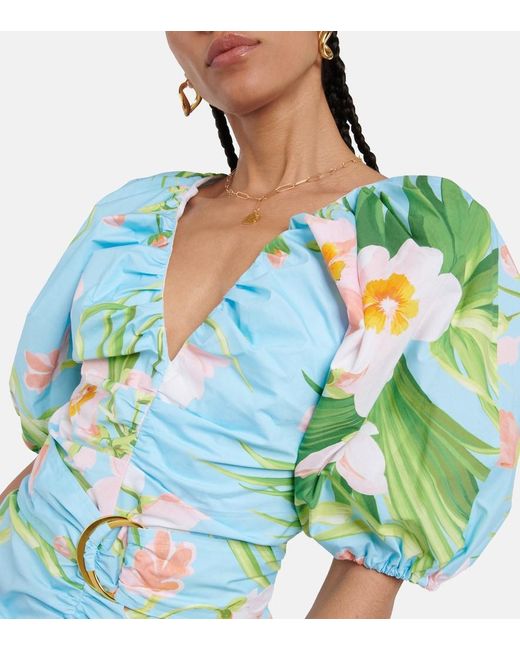 Carolina Herrera Blue Floral-print Belted Waist Dress