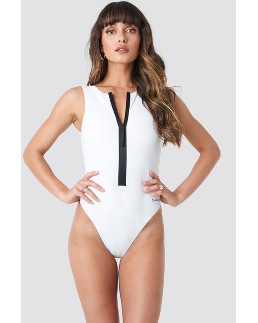 Calvin Klein Synthetic Square Back One Piece Swimsuit White | Lyst