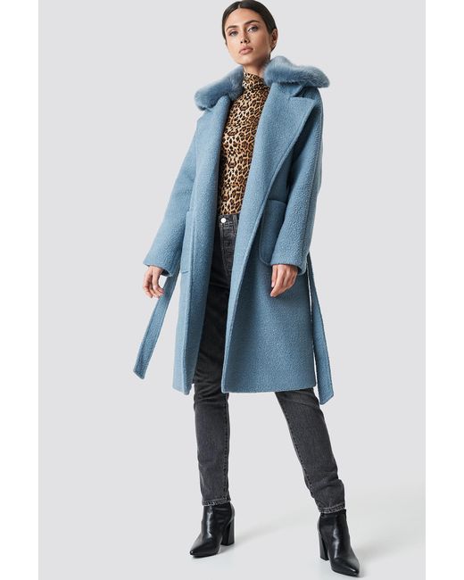 NA-KD Big Faux Fur Collar Coat Blue | Lyst UK