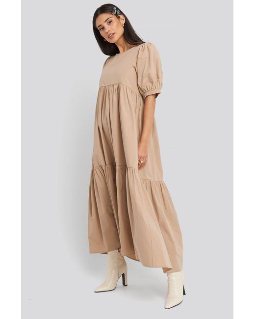 NA-KD Beige Puff Sleeve Pleated Tiered Midi Dress in Natural | Lyst