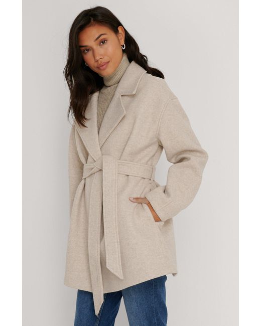 NA-KD Beige Wool Blend Belted Short 