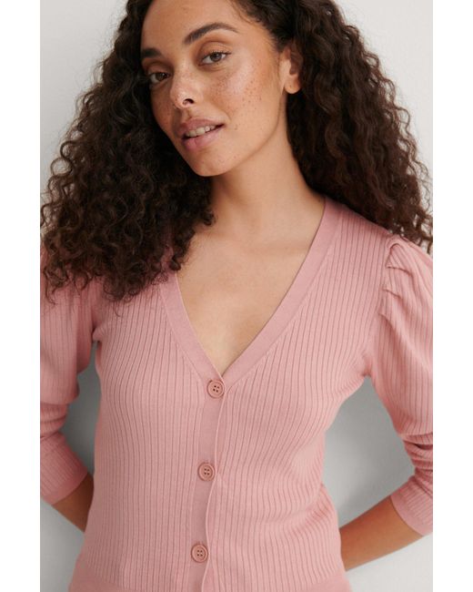 cable knit puff sleeve cardigan