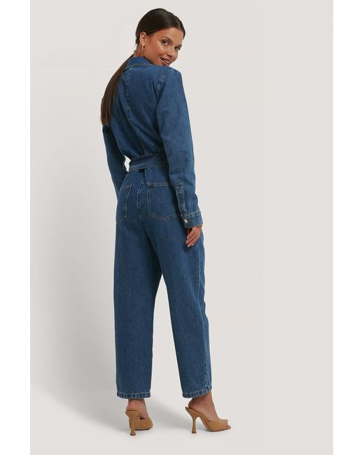 NA-KD Blue Waist Belt Denim Jumpsuit - Lyst