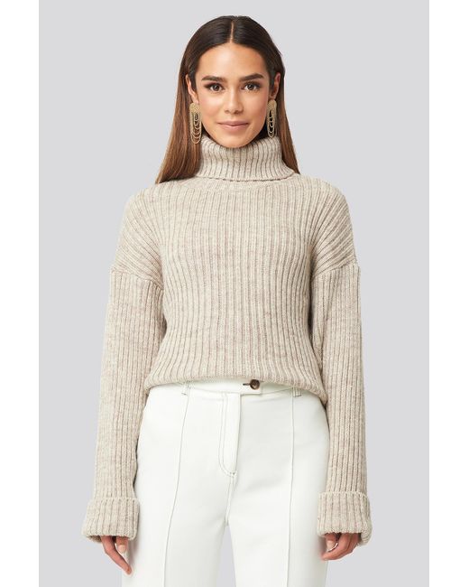 Beige Ribbed Knitted Turtleneck Sweater 