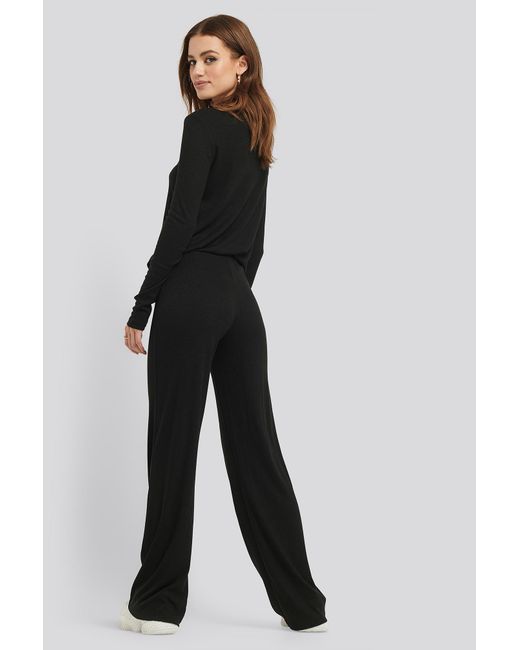 NA-KD Synthetic Soft Ribbed Wide Basic Pants Black - Lyst