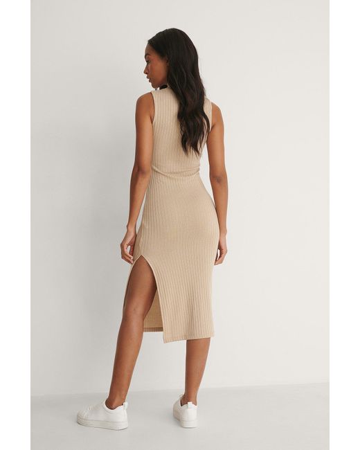 Beige High Neck Rib Sleeveless Dress 