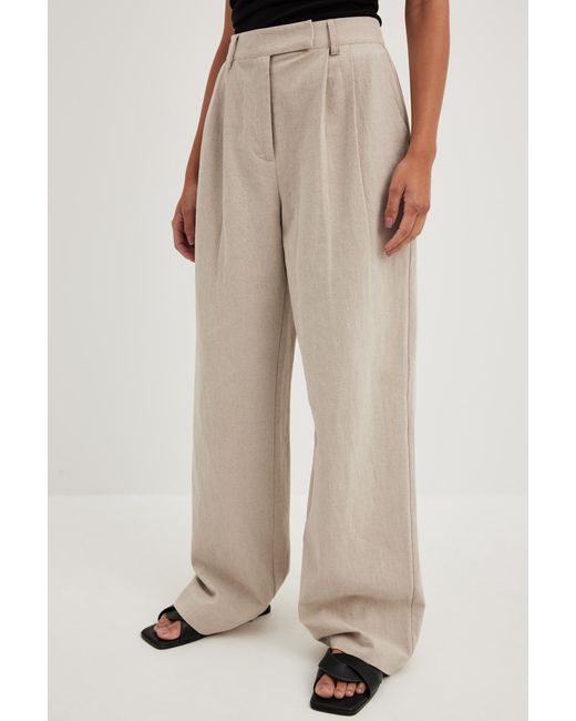 NA-KD Pleated High Waist Linen Blend Pants in Natural
