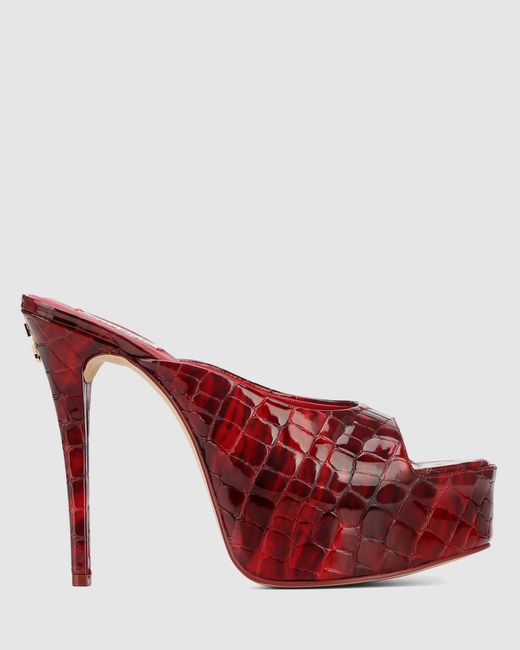 Naked Wolfe Red Croc Patent Leather Peep-Toe Cone Heels