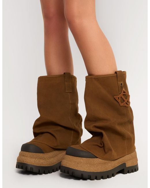 Naked Wolfe Brown Asymmetric Toe Canvas Chunky Boots