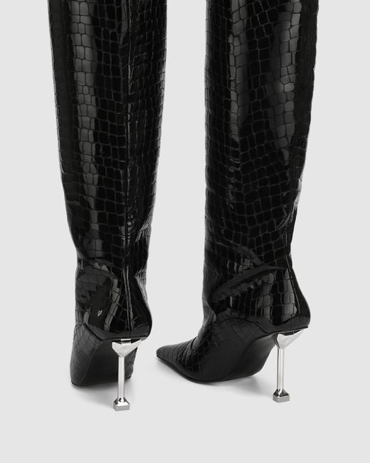 Naked Wolfe Black Croc Patent Leather Pointed-Toe Knee Boots