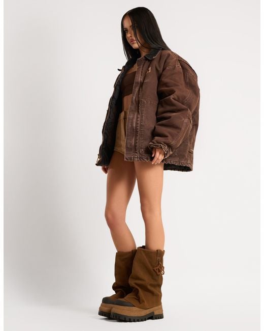Naked Wolfe Brown Asymmetric Toe Canvas Chunky Boots