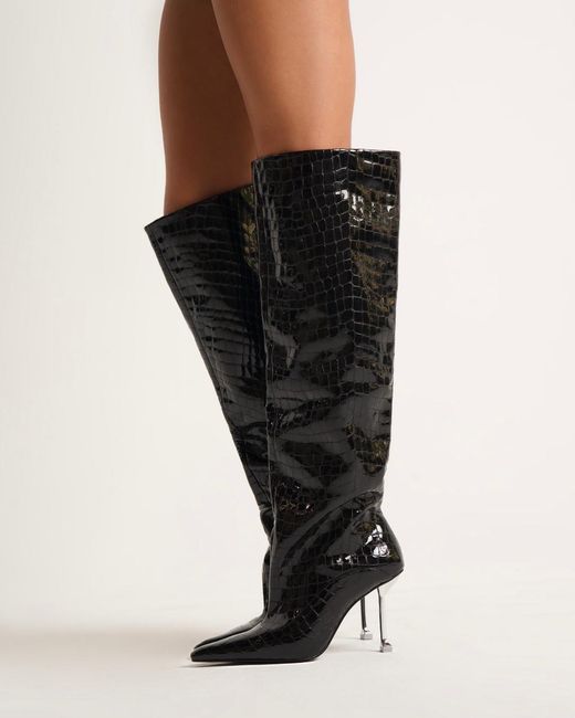 Naked Wolfe Black Croc Patent Leather Pointed-Toe Knee Boots