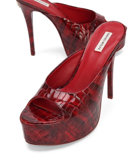 Naked Wolfe Red Croc Patent Leather Peep-Toe Cone Heels