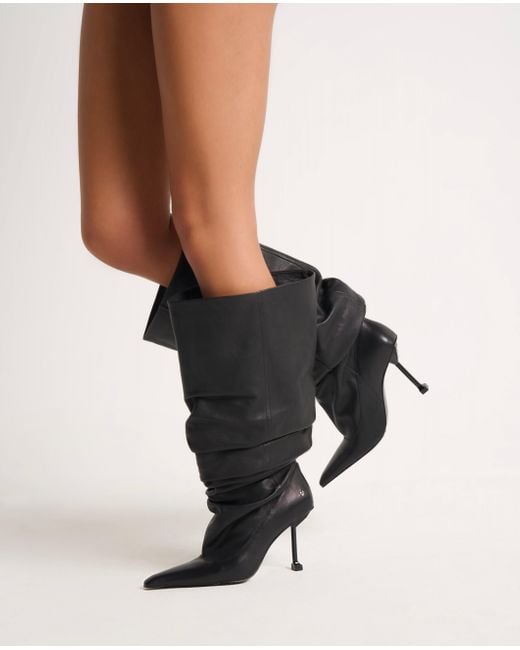 Naked Wolfe Black Pointed-Toe Leather Heeled Boots