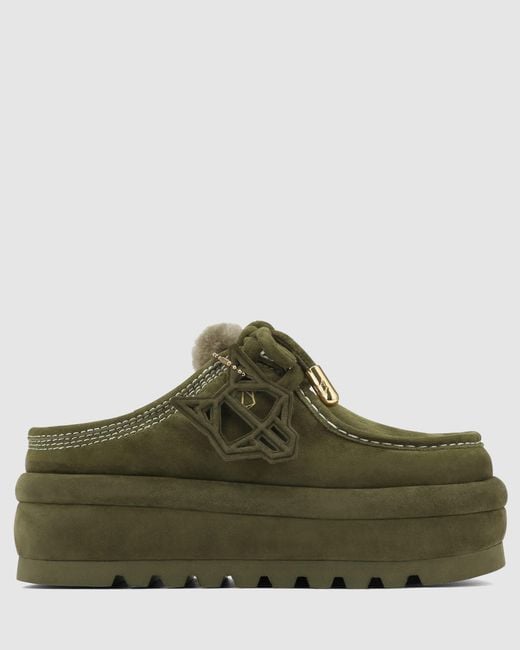 Naked Wolfe Green Suede Shearling Slip-On Mule Shoes