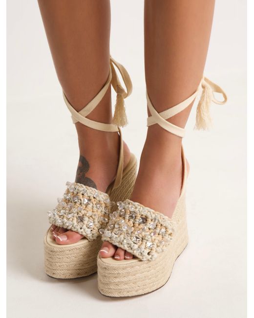 Naked Wolfe★Peony ウェッジサンダル ヒール14cm ウルフヘッド Naked Wolfe Woven Rope Wedge Mules with Beading in Natural