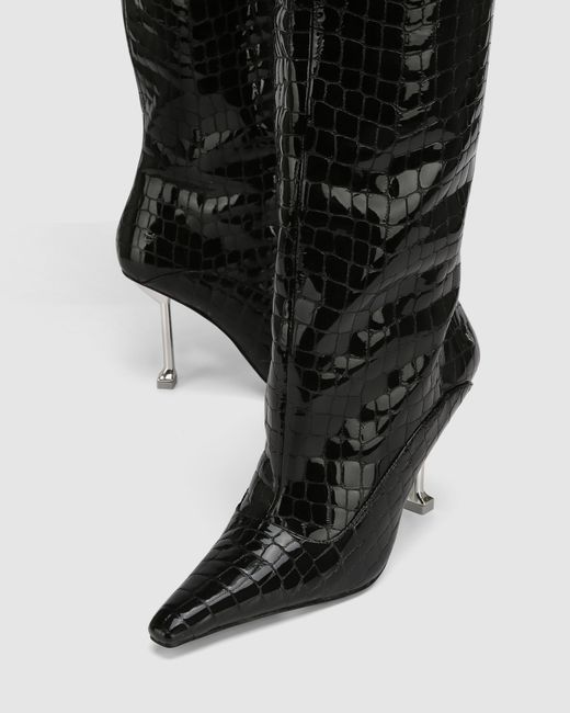 Naked Wolfe Black Croc Patent Leather Pointed-Toe Knee Boots