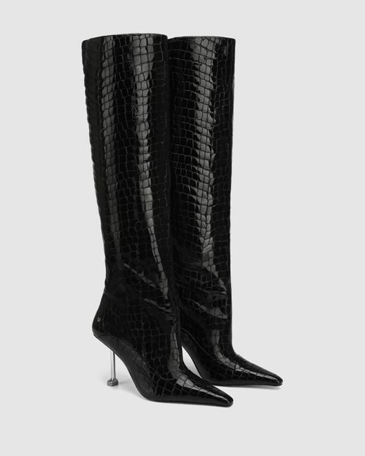 Naked Wolfe Black Croc Patent Leather Pointed-Toe Knee Boots