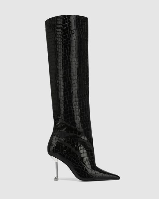 Naked Wolfe Black Croc Patent Leather Pointed-Toe Knee Boots