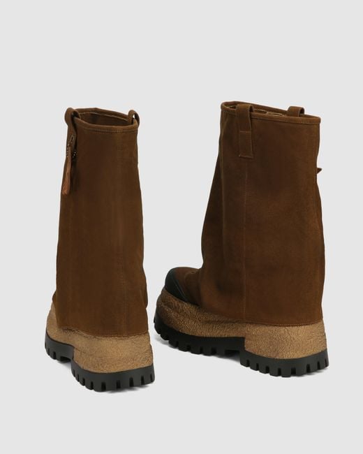 Naked Wolfe Brown Asymmetric Toe Canvas Chunky Boots