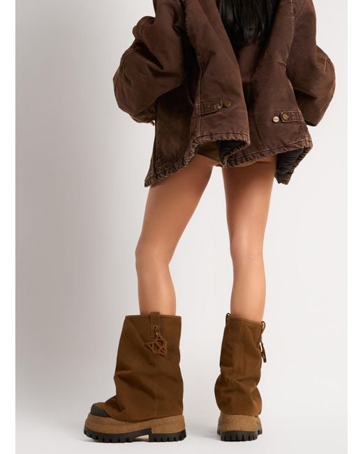Naked Wolfe Brown Asymmetric Toe Canvas Chunky Boots